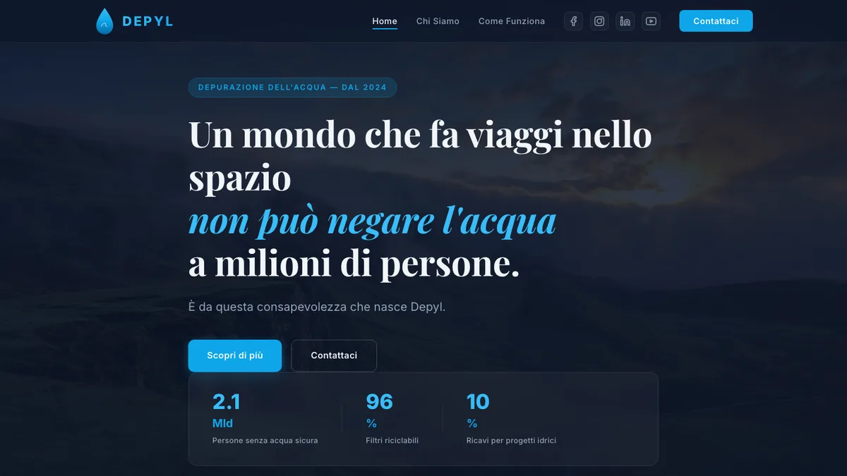 Pagina iniziale del sito Depyl dedicato alla depurazione dell'acqua