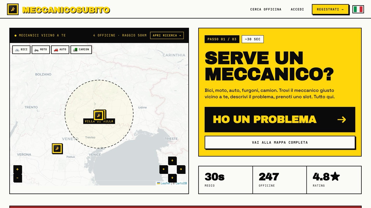 Schermata di MeccanicoSubito con la mappa delle officine e il flusso di prenotazione