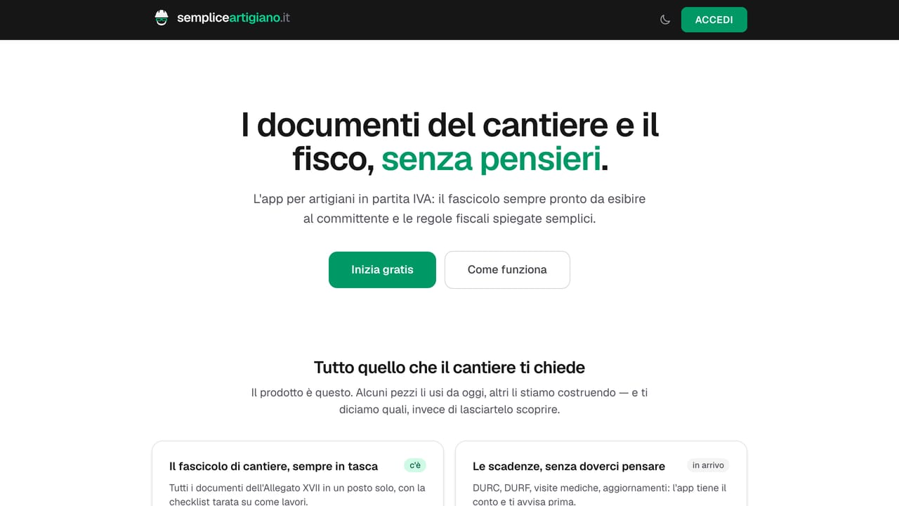 Pagina iniziale di Semplice Artigiano, applicazione per documenti di cantiere e fisco