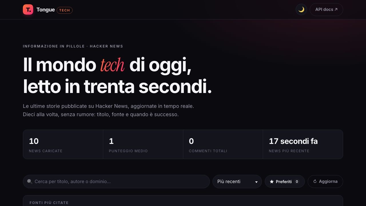 Interfaccia di Tongue Tech con le ultime storie da Hacker News